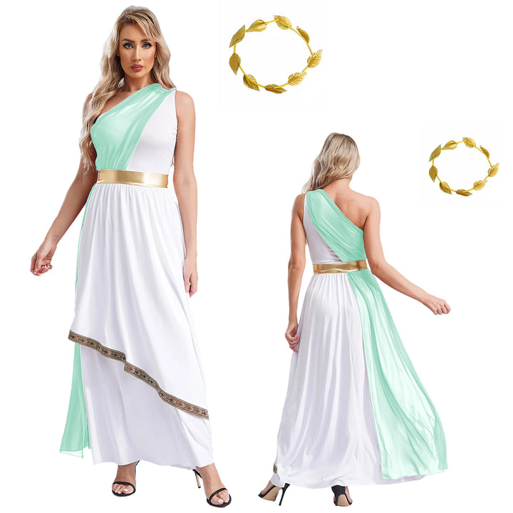 Women Halloween Ancient Greek Dress Ancient Greek Toga Costumes Robe One Shoulder Chiffon Overlay Tunic Dress with Headwear