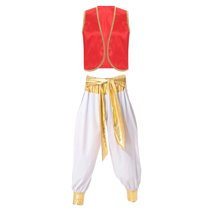 Mens Halloween Costume Mythical Arabian Prince Carnival Cosplay Party Outfit Sequin Trim Waistcoat with Belted Pants
