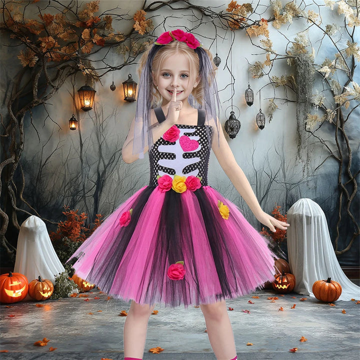 Halloween Kids Dress Cosplay Heart Print Skeleton Costumes Girls Floral Skull Tutu Clothes Children Carnival Performance Outfits