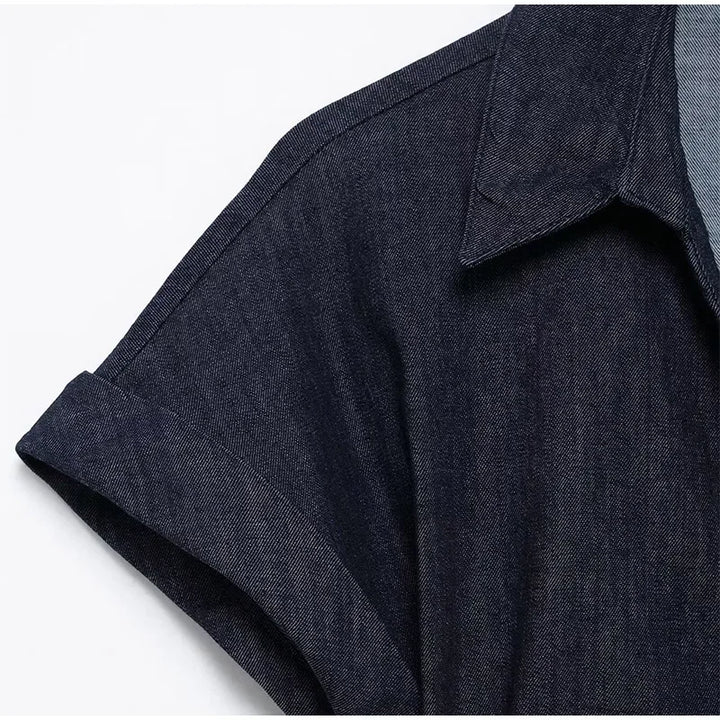 V-neck Denim Dress Fashion Slim Long Dress Chic Short Sleeves Single Button High.