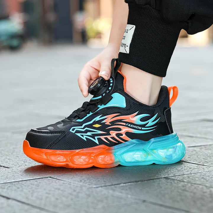 Kids Sneakers Anti-skid Leather for Boys Running Walking Lightweight Orange Casual Children Shoes With Fashion Dragon Pattern