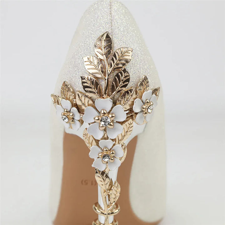 Light Luxury Sexy Women Dress Shoes 2025 Autumn Metal Flower Fashion High Heel Wedding White Pointed Sequins Shiny Female Pumps
