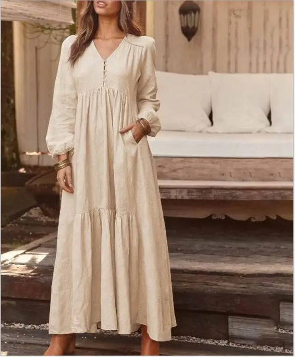 Cotton Linen Women Long Dress.New Look Fashion V-Neck Casual Solid Long Sleeve A-Line Sexy  Elegant Ruffles