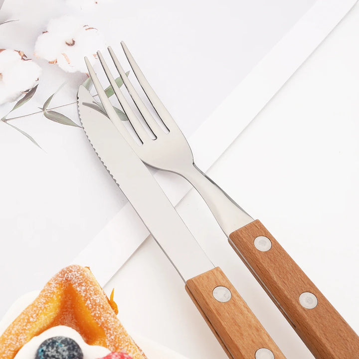 6/10Pcs flatware Set Natural Wood Handle Steak Knives Cutlery Stainless Steel Dinner Knife Dinnerware Kitchen Silverware Set