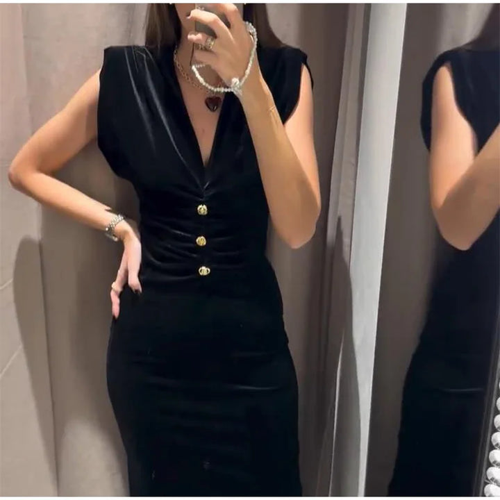 Elegant Velvet Long Dress Women V Neck Sleeveless High Waist Shoulder Pad Dress.