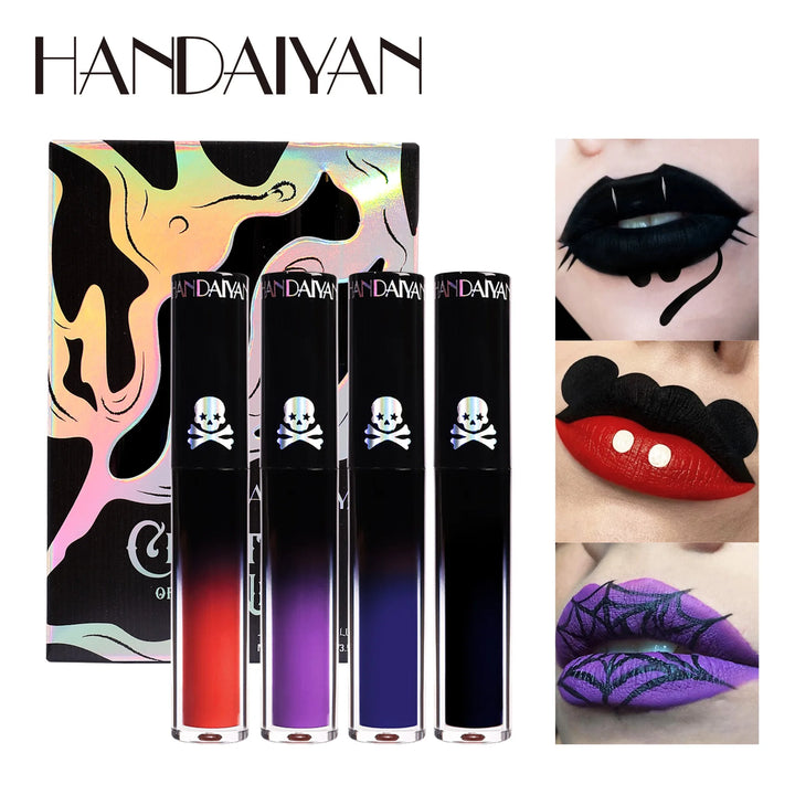 Halloween Black Purple Lip Gloss 4 Piece Set Matte Long Lasting Vampire Lip Tint Cosplay Makeup Non Stick Lipstick