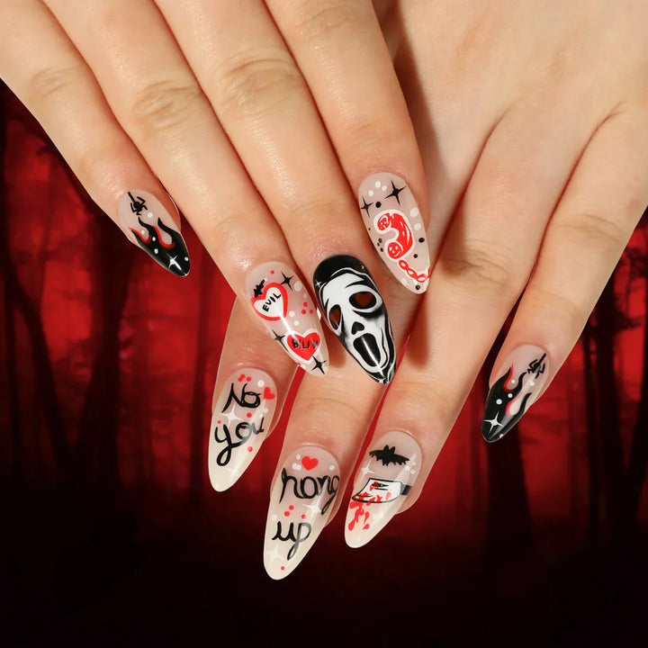 24Pc Halloween False Nails with Almond Head Designs Cute Clown Fake Nails French Full Cover Manicure Press on Nail Tips for Girl
