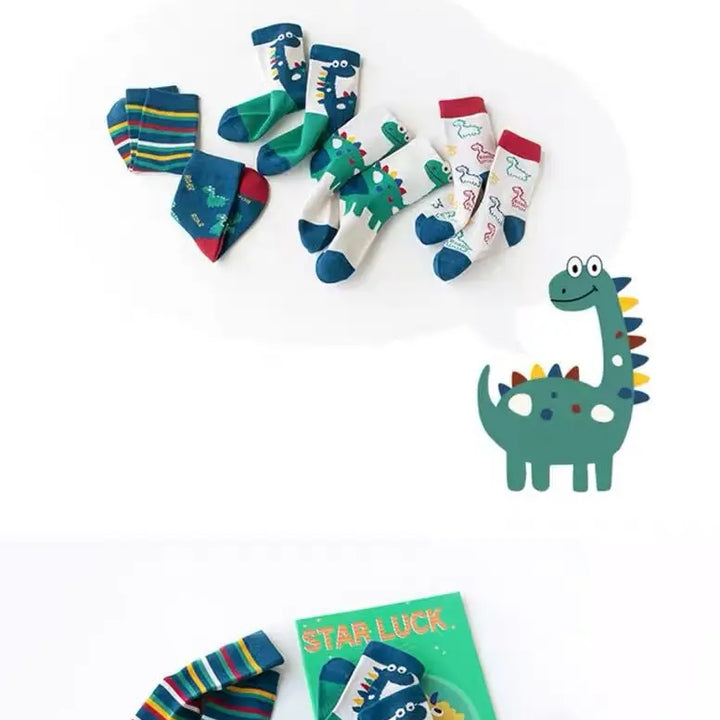 5 Pairs Autumn Winter New Style Children's Socks Mid-high Long Dinosaur Cartoon Design Boys Girls Baby Cartoon Socks Wholesale