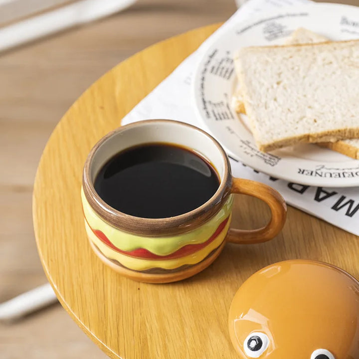 300ML Coffee Mugs Creative Hamburger Shaped Water Cup with Lid Cute and Cute Breakfast Cup Large Capacity Ceramic Hamburger Mug