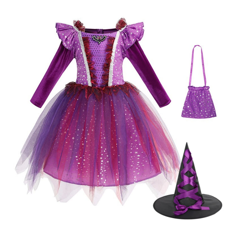 Halloween Children Girls Witch Party Dress Gothic Ghost Costume Kids Gown Robe Tutu Dress Witch Hat For Purim Carnival Party