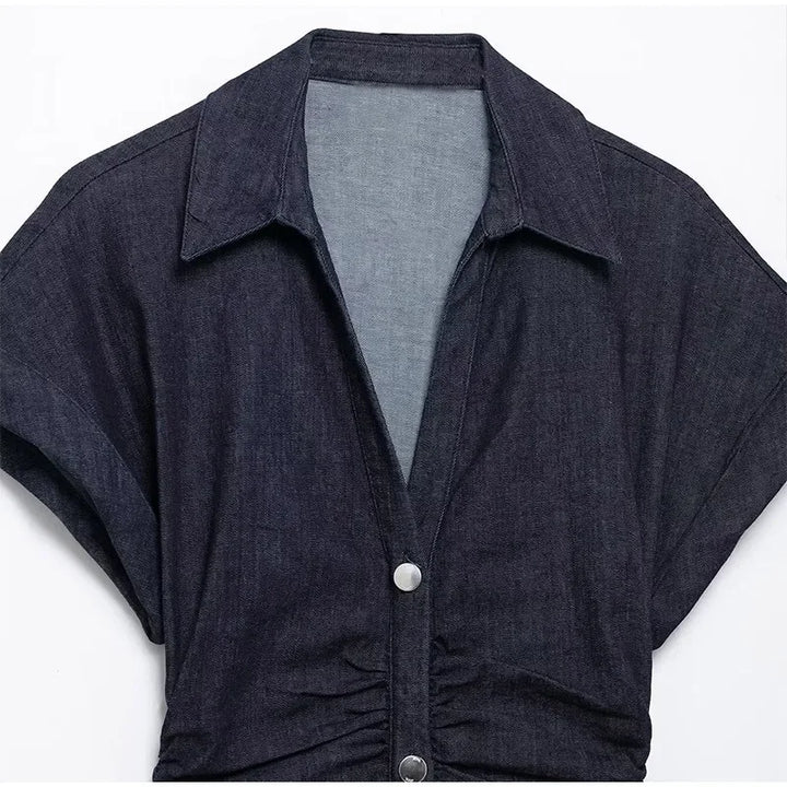 V-neck Denim Dress Fashion Slim Long Dress Chic Short Sleeves Single Button High.