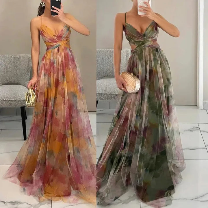 Out Party Dress, Loungewear Fashion Printing Maxi Dress, Sleeveless Lace-Up