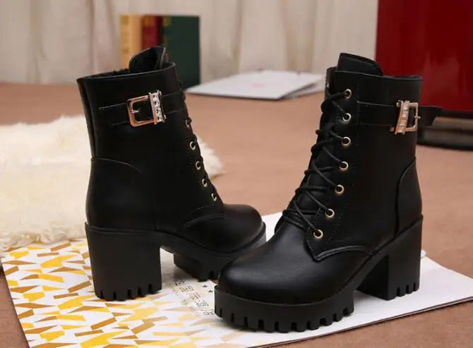 Hot Sale 2022 Women Boots Lace Up Flat Biker  Wine Red Boots Shoes Buckle Woman Botas Women Boots