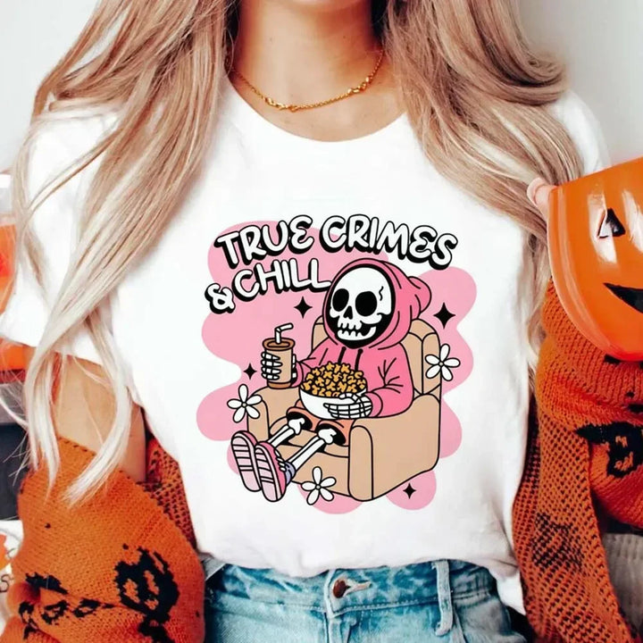 T-Shirt Pattern Halloween Fashion Clothing Sweet T-Shirt Women's Printed Trendy Top O-Neck Fun Versatile Printed Summer T-Shirt.