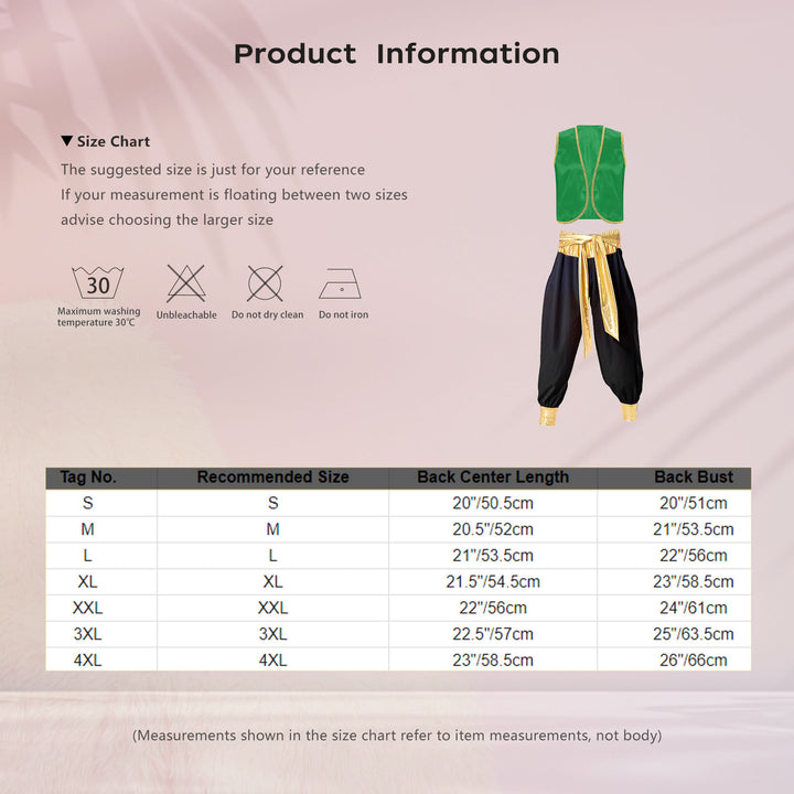Mens Halloween Costume Mythical Arabian Prince Carnival Cosplay Party Outfit Sequin Trim Waistcoat with Belted Pants
