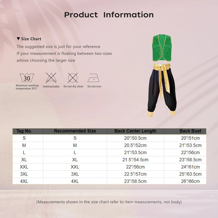 Mens Halloween Costume Mythical Arabian Prince Carnival Cosplay Party Outfit Sequin Trim Waistcoat with Belted Pants