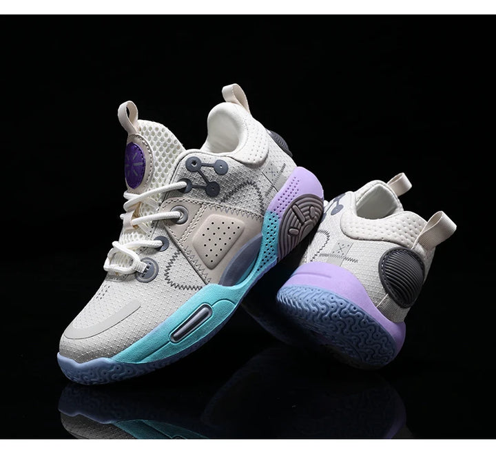 Kids Fashion Sneakers for Boys Leather Breathable Sports Basketball Shoes Lightweight Children School Walking Footwear