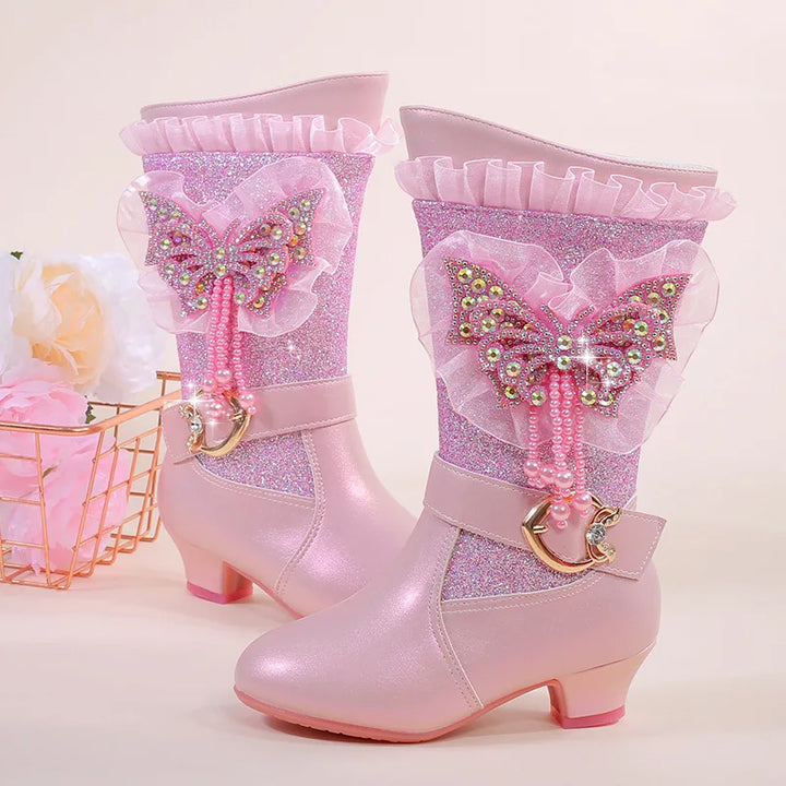 2025 Girls High Heel Boots Children's Sequins Rhindiamonds Butterfly-knot Princess Boots with Velvet Warm Mid-tube Kids Boots