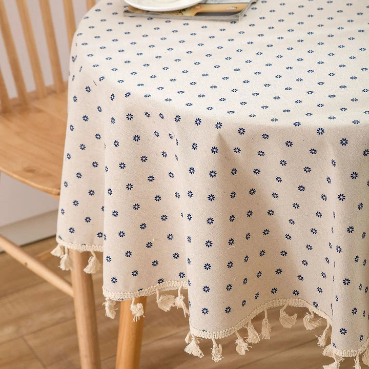 Cotton Linen Table Cloth Round Tablecloth with Tassel Dust-Proof Floret Circular Table Cover for Kitchen Dinning Tabletop Decor