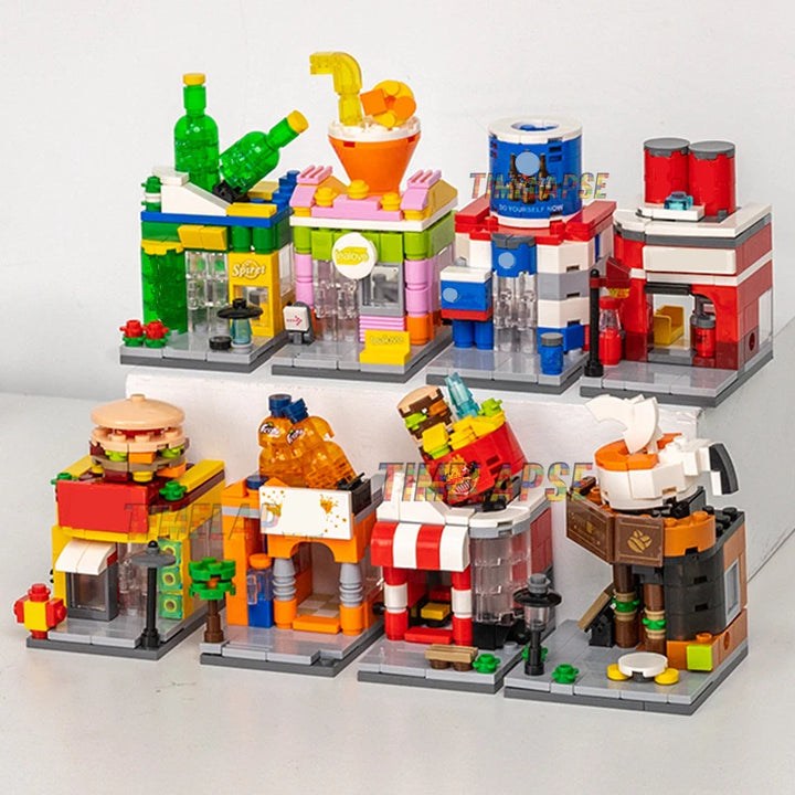 NEW DIY Makeup Convenience Store Flower Shop Hair Salon Piano Game Hall Fruit Bookstore Building Blocks Bricks Movie Model Toy