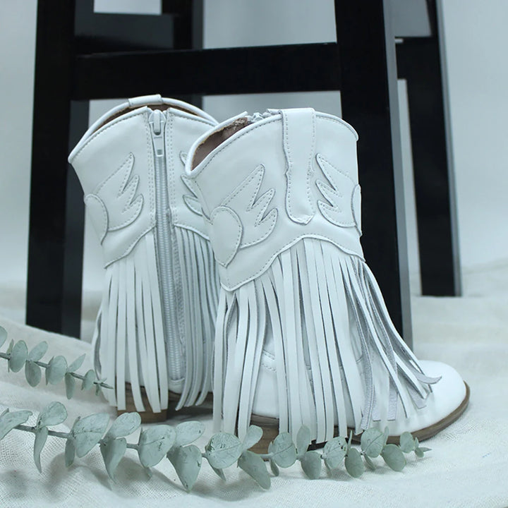 Kids Vintage Western Cowgirls Boots Leather Tassel Princess Low Heeled Knee Boots Cowboys Winter Dress Shoes New Years Christmas