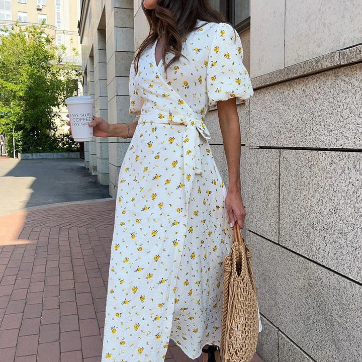 Bornladie Women Printed Lace Up D Short Sleeve Fashion Office Lady Long Dress 100% Cotton Daily Casual V-neck
