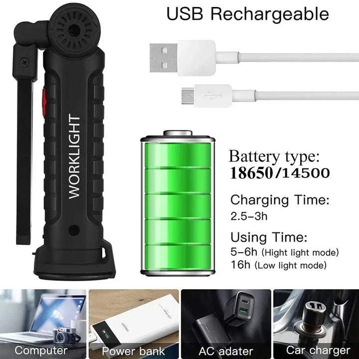 COB LED Work Light Dimmable USB Rechargeable LED Flashlight Inspection Lamp With Magnetic Hook Power Bank 18650 Battery Torch