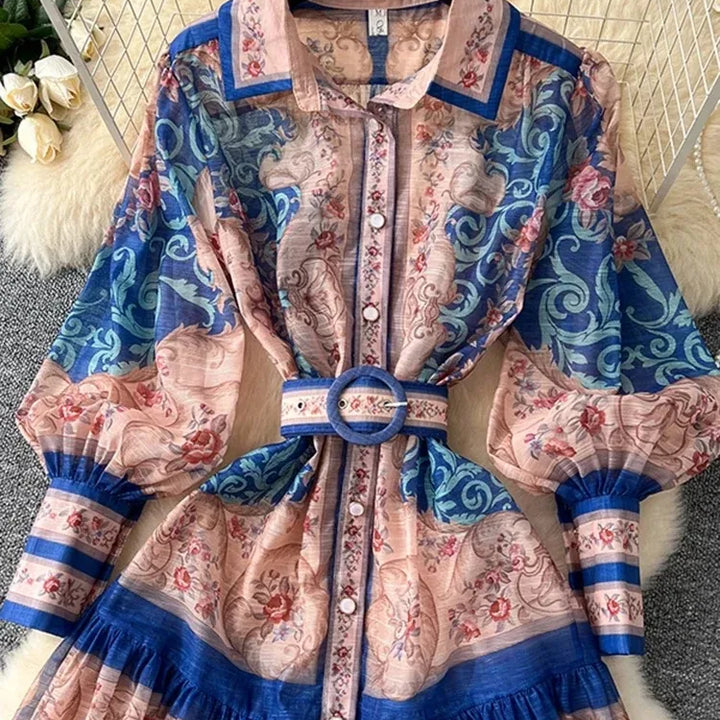 New Retro Court Printed Lapel Lantern Sleeve Cinched Waist Single Breasted Long Sleeve Elegant Long Dress