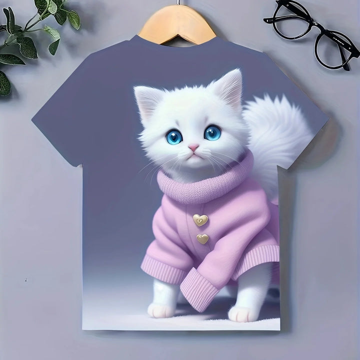 T-Shirt for Girls Cute Kitten Girls Clothes Kids T-Shirt Summer Short Sleeve Children Outdoor Sports Tops T-Shirt for Girls