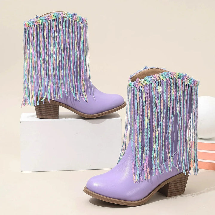 Girls Boots Autumn Winter Toddler Kids Princess Fashion Middle Calf Cowboys Boot Children High Heel Tassel Dance Soft Sole Shoes