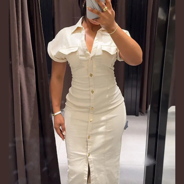 V-neck Denim Dress Fashion Slim Long Dress Chic Short Sleeves Single Button High.