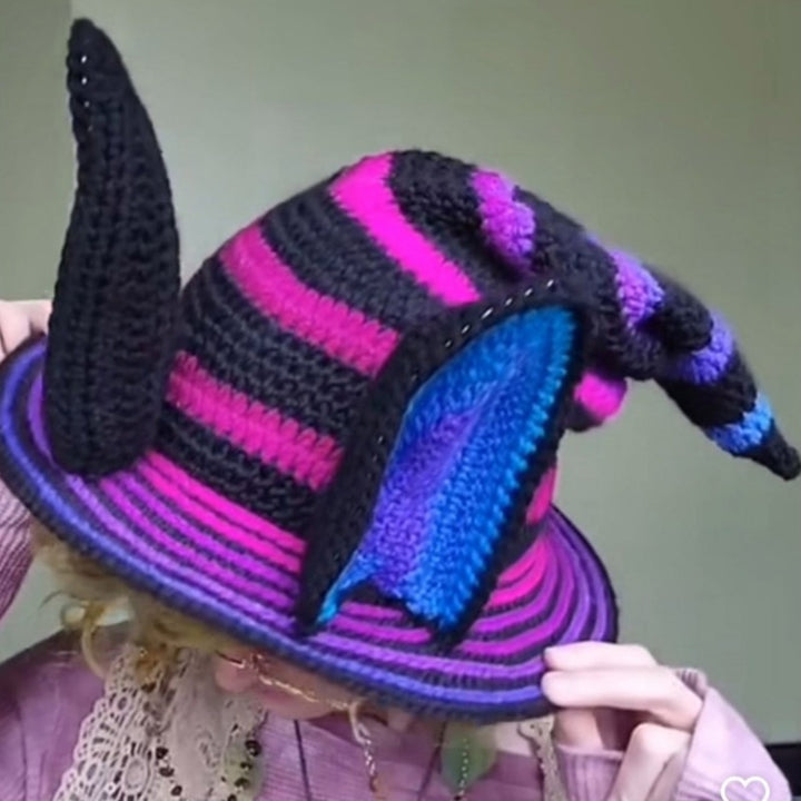 1PC Halloween Party Crocheted Witch Hats Party Wide Brim Pointed Hat Accessory Funny Cosplay Witch Hat with Stripes Photo Prop