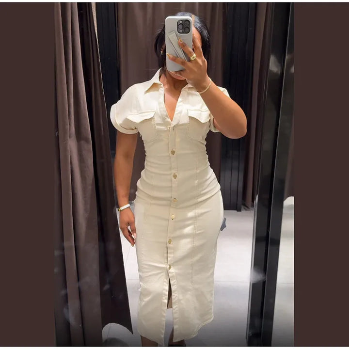 V-neck Denim Dress Fashion Slim Long Dress Chic Short Sleeves Single Button High.