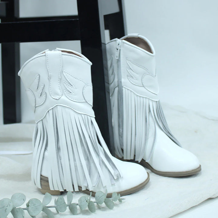Kids Vintage Western Cowgirls Boots Leather Tassel Princess Low Heeled Knee Boots Cowboys Winter Dress Shoes New Years Christmas