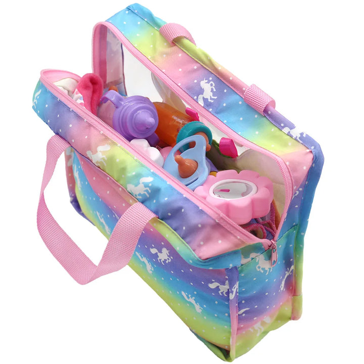 Newborn Doll Accessories Kit with Clear Display Rainbow Carrying Bag Transparent Display Window Fit 14inch Dolls Doll Travel Set