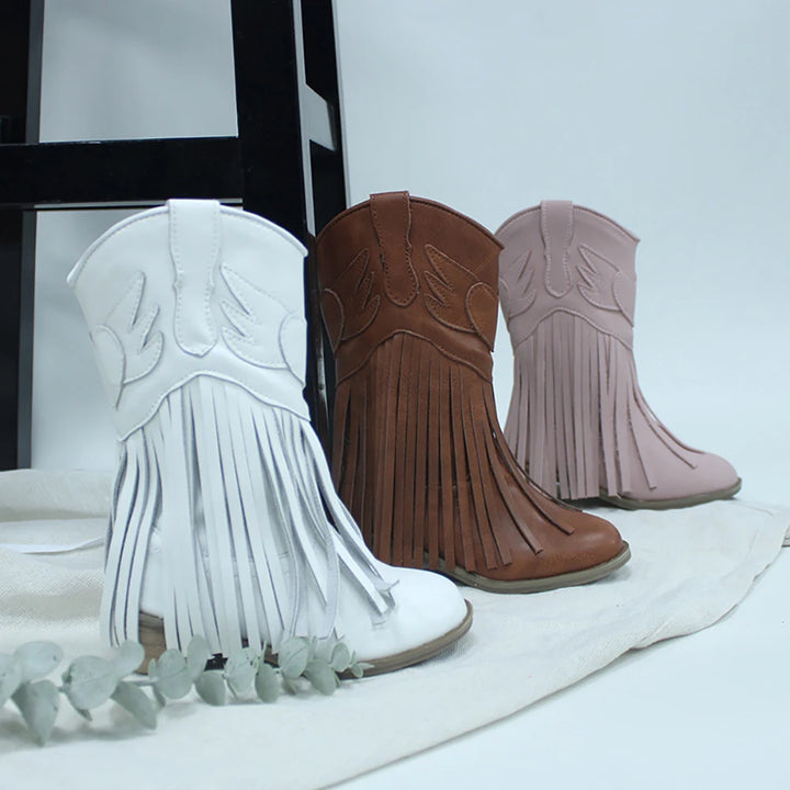 Kids Vintage Western Cowgirls Boots Leather Tassel Princess Low Heeled Knee Boots Cowboys Winter Dress Shoes New Years Christmas