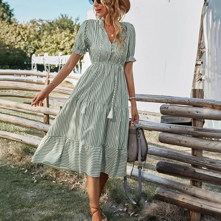 Women Elegant Striped Lantern Sleeve  Causal V-neck Button Ruffles Midi Dress.