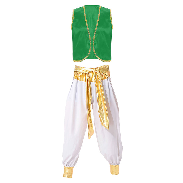 Mens Halloween Costume Mythical Arabian Prince Carnival Cosplay Party Outfit Sequin Trim Waistcoat with Belted Pants