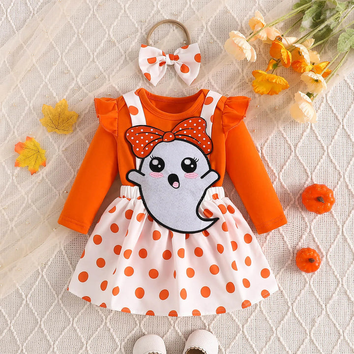 Baby Girls Halloween Clothing Set Cute Ghost Pumpkin Face Applique Suspender Dress with Rompers Carnival Party Cosplay Costume
