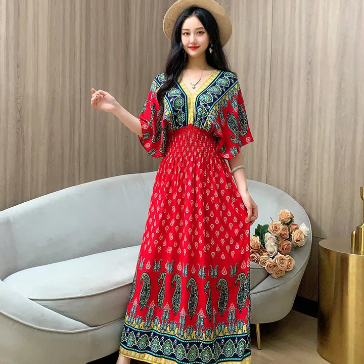 V-neck Large Skirt Hem Casual Sweet Long Dress Bat Sleeves Elastic Waist Bohemian Print Floral Elegant .