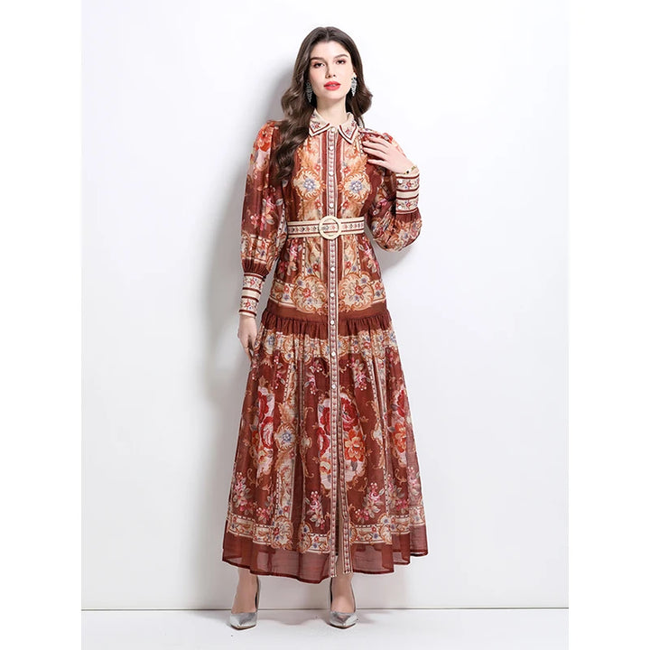 New Retro Court Printed Lapel Lantern Sleeve Cinched Waist Single Breasted Long Sleeve Elegant Long Dress