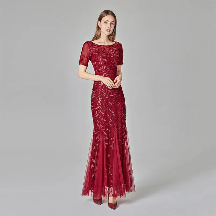 Gorgeous Round Neck Short Sleeves Sequined Mermaid Evening Dress