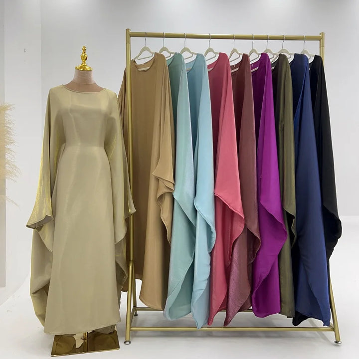 Tossy Autumn Loose Shiny Maxi Dress Butterfly Batwing Long Sleeve Muslim Clothes Party Solid Female Long Dress New