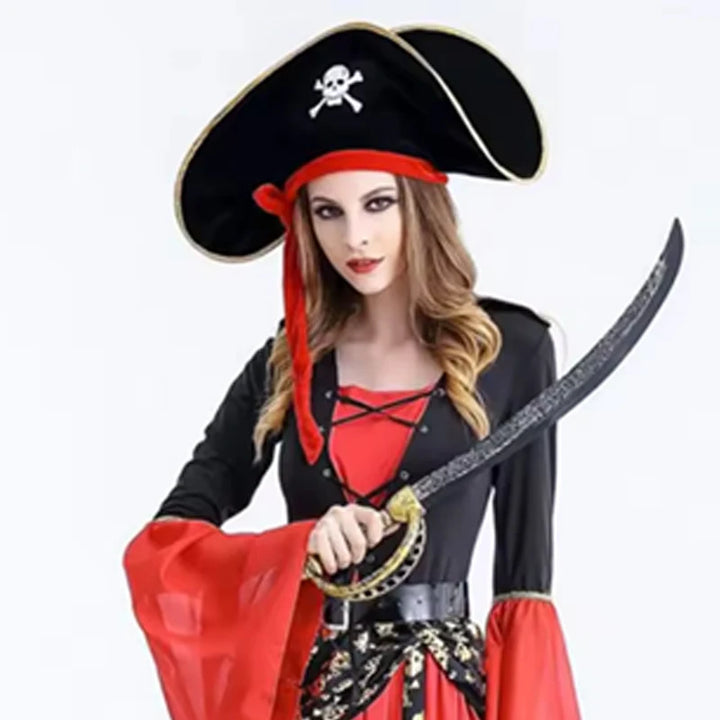 Adults Black Pirate Hats with Skull Pattern Halloween Cosplay Props Parties Caribbean Pirate Costume Hats LED Glowing Party Hat