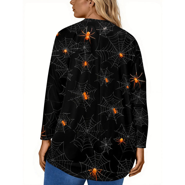Plus Size Halloween Print T-Shirt for Women Fashion Round Neck Long Sleeve Casual Loose Pullover Top Halloween Party Costumes
