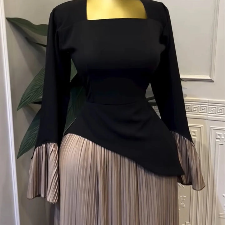 Women Patchwork Flare Long Sleeve U-collar Pleated Big Swing Maxi Long Dress perfect for special occasions.