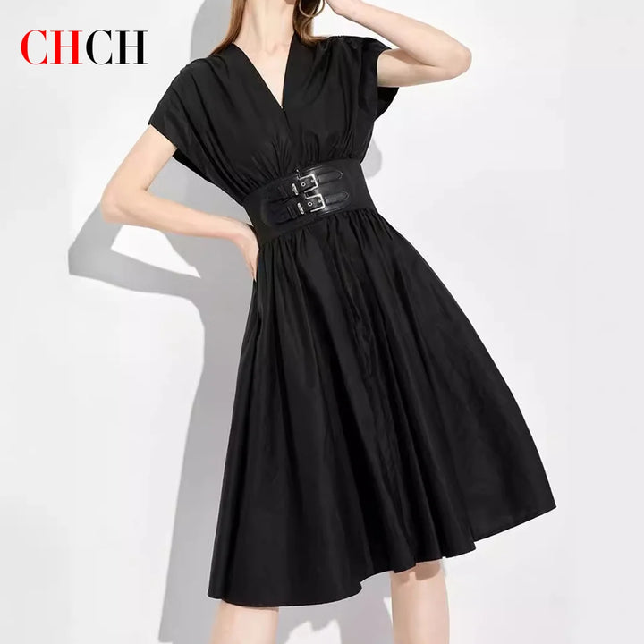 Women's Long Dress  New V-neck Sleeveless High Waist Slim Black.
