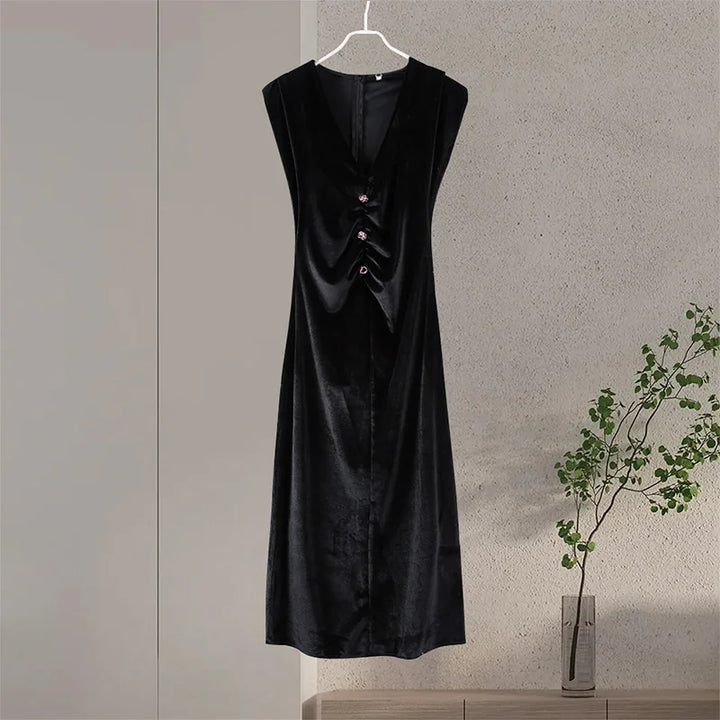Elegant Velvet Long Dress Women V Neck Sleeveless High Waist Shoulder Pad Dress.