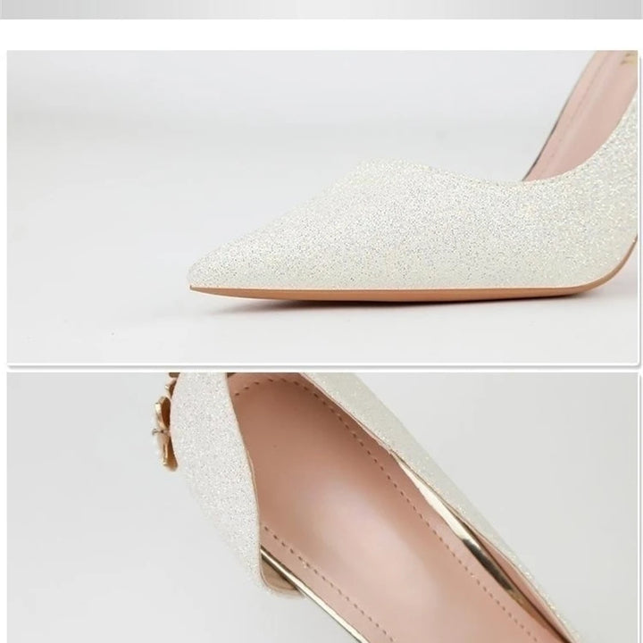 Light Luxury Sexy Women Dress Shoes 2025 Autumn Metal Flower Fashion High Heel Wedding White Pointed Sequins Shiny Female Pumps