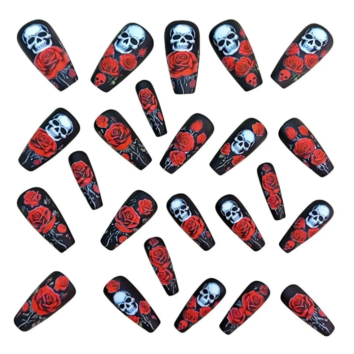 24 Halloween Nail Art Medium-Length Ballet Nails Press Ons with Design Red Rose Skullpcs False Nails for Girls Paste Nails 2025
